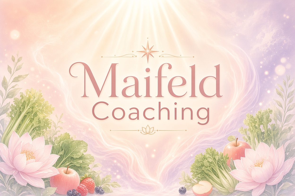 Maifeld Coaching — Lotus, frisches Gemüse und Obst in sanftem Licht