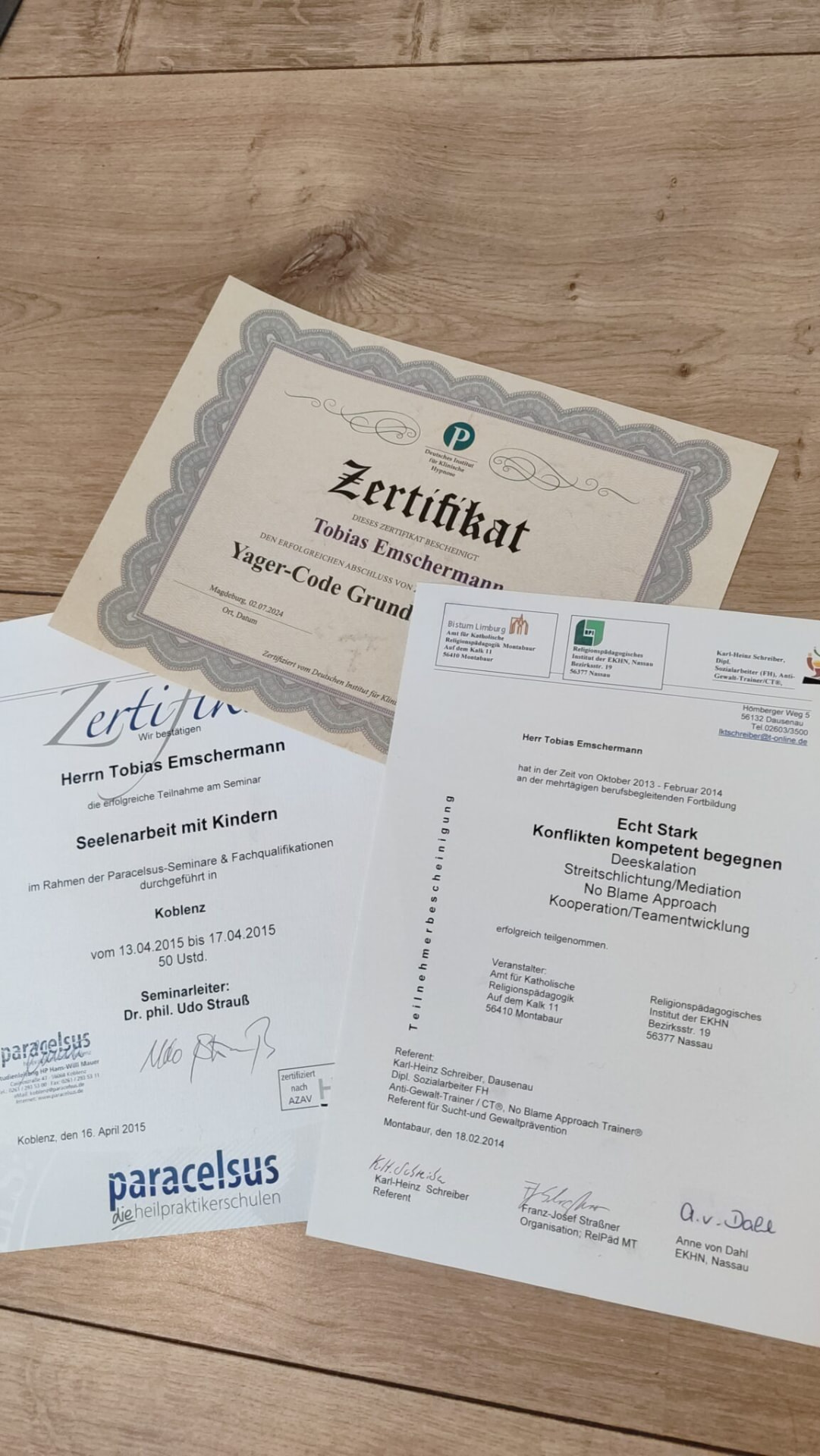 Zertifikate: Yager-Code-Grundkurs, Seelenarbeit mit Kindern und Echt Stark