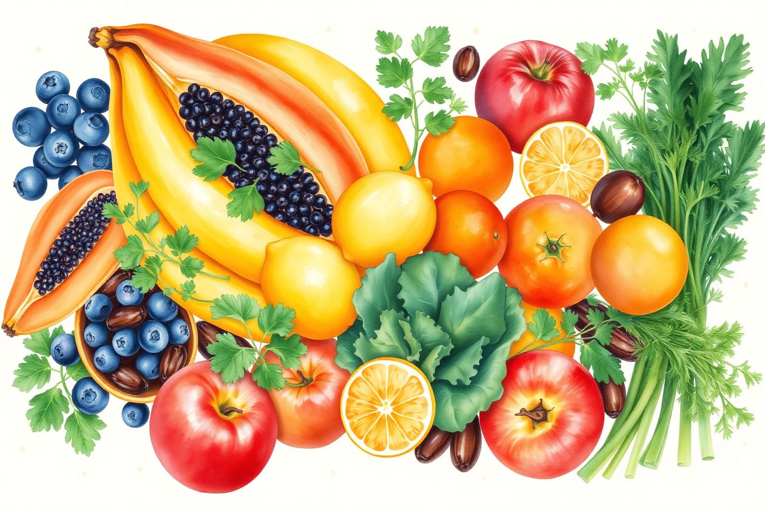 Große Auswahl heilender Lebensmittel: Blaubeeren, Bananen, Papaya, Äpfel, Zitrusfrüchte, Kräuter, Sellerie