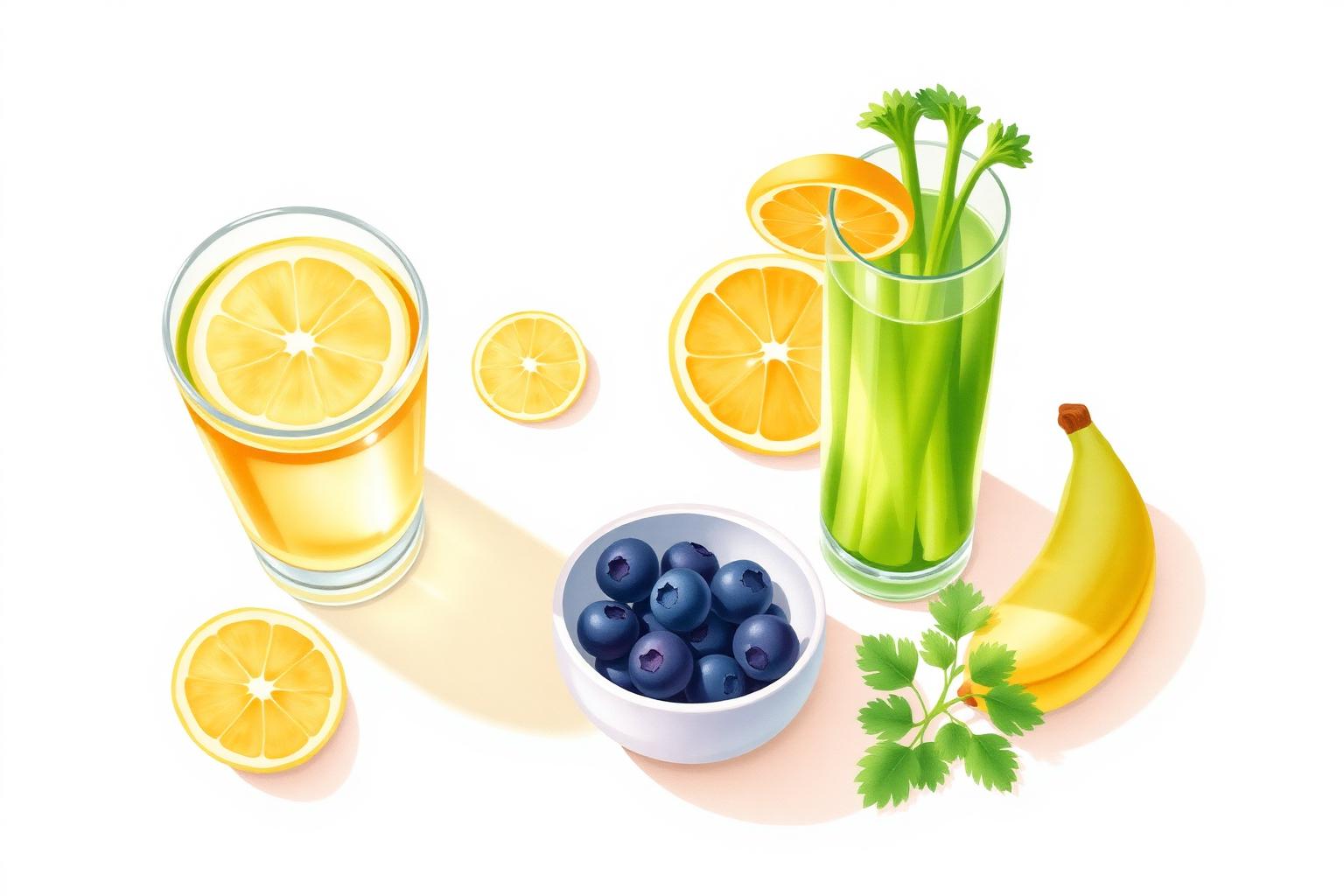 Zitronenwasser, Selleriesaft, wilde Blaubeeren und Banane als Morgenroutine